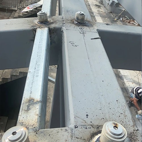 Stainless Steel Spider Fittings and Tension Rods Installed on Steel Glass Canopy in Almaty Kazakhstan