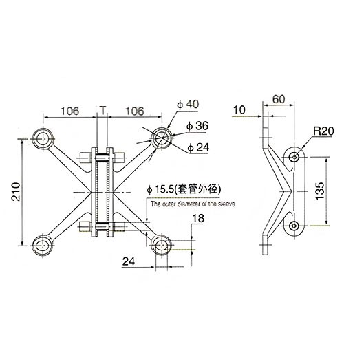 RLL210A1 4-Way Glass Fin Spider Fitting