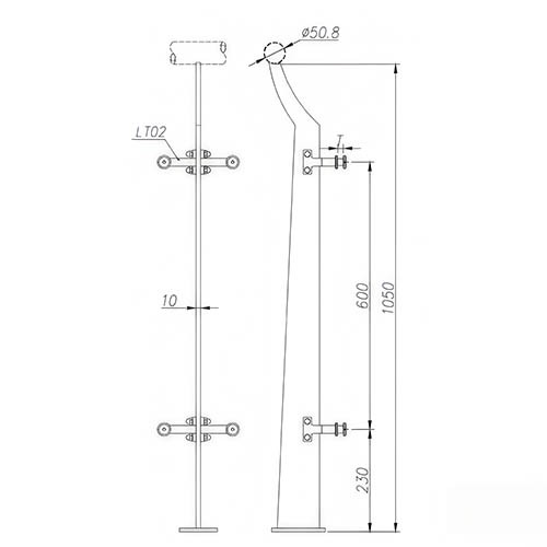 Tapered Single Plate Glass Railing Post BD4 | 316L Gooseneck Balustrade Hardware